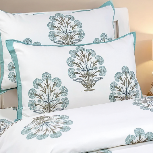 Teal Botanical Handblock Cotton Pillow Cover (Set of 2)