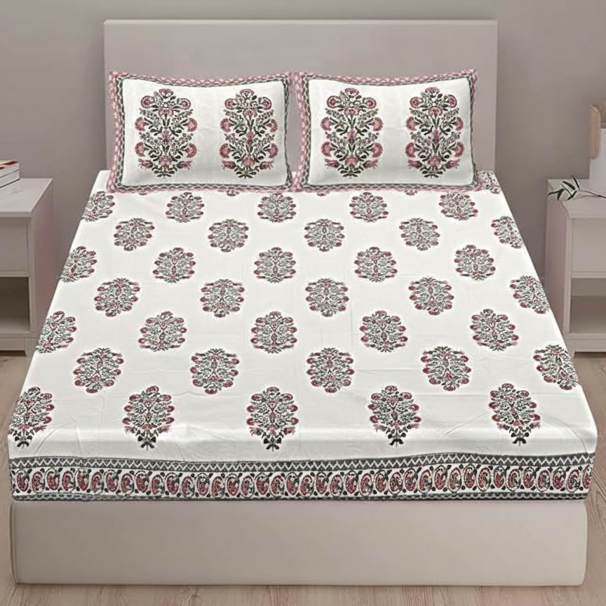 Ruby Bloom 400TC Handblock Floral 100% Pure Cotton Bedsheet