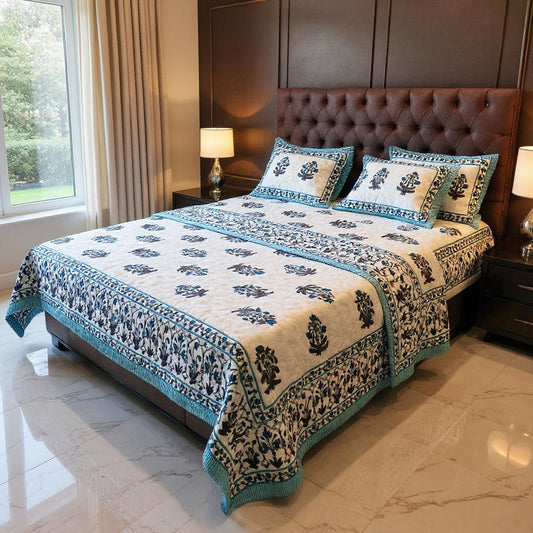 100% Pure Cotton 400TC Ethnic Blue Floral Art Bedsheet