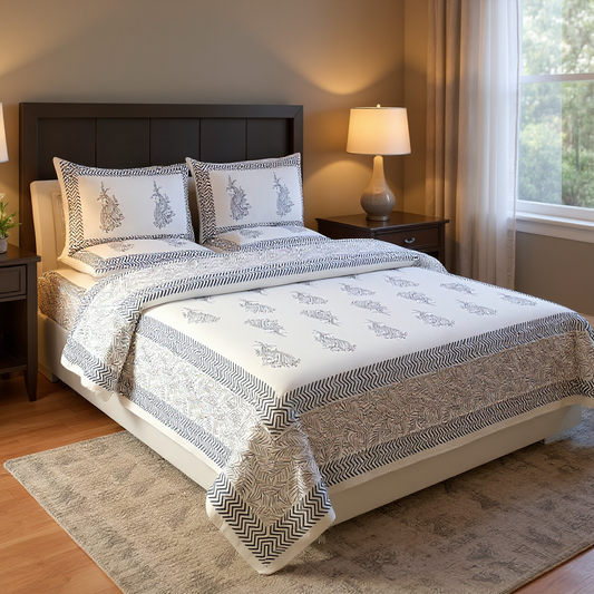 Majestic Blue 400TC Hand block Bedsheet 100% Pure Cotton