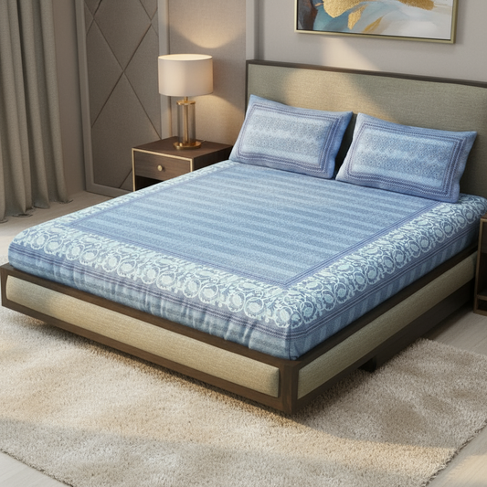 300TC Blue Blossom Harmony 100% Pure Cotton Bedsheet