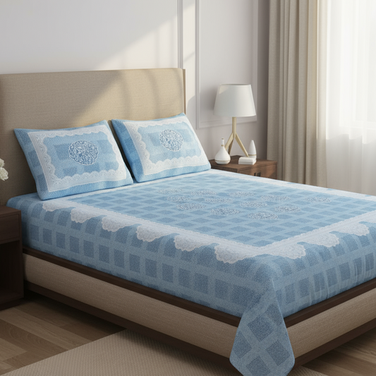 300TC Blue Lace Border 100% Pure Cotton Bedsheet