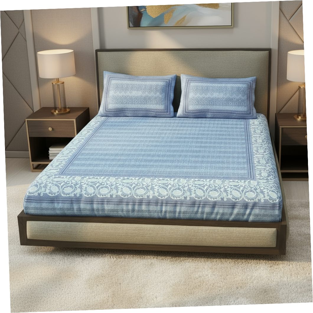 300TC Blue Blossom Harmony 100% Pure Cotton Bedsheet