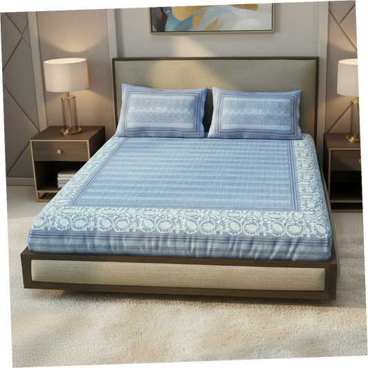 300TC Blue Blossom Harmony 100% Pure Cotton Bedsheet